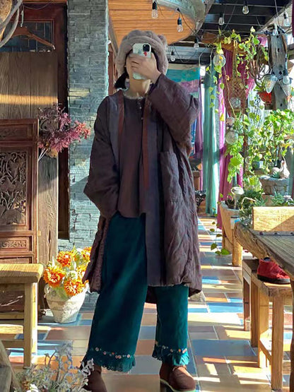 Women Linen Retro Print Pocket Long Sleeve Coat