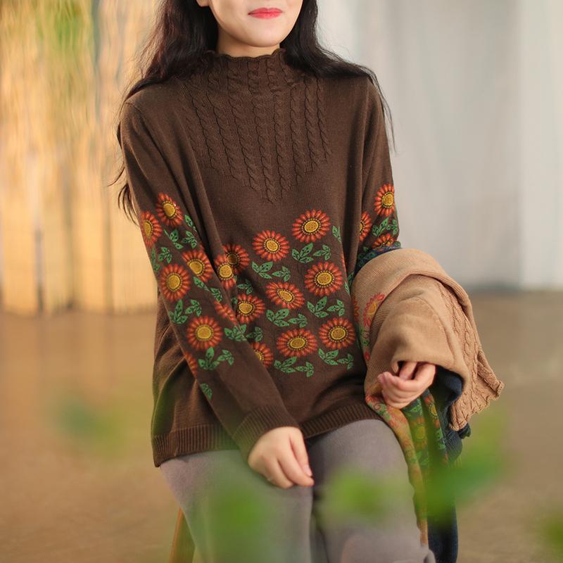 Retro Cotton Flower Printed Loose Sweater