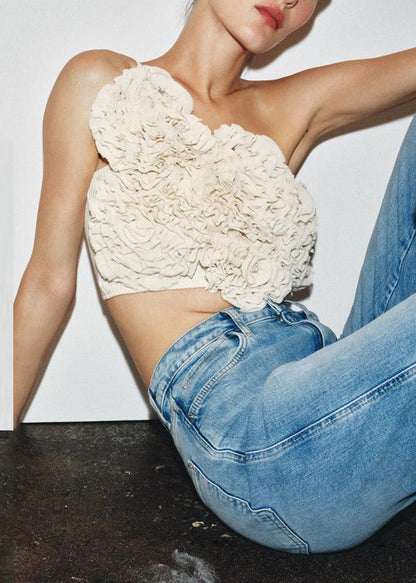 Novelty White Wrinkled Solid Cotton Spaghetti Strap Tank Sleeveless