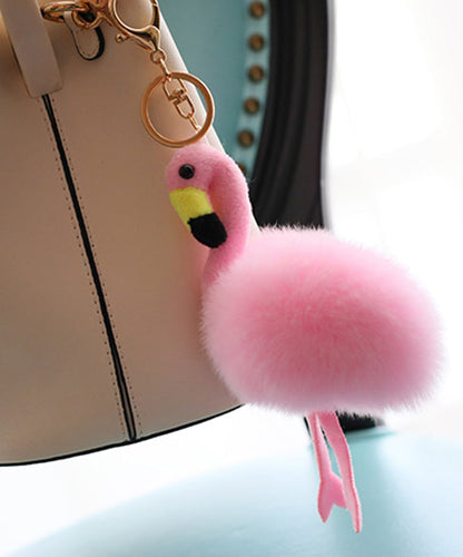 Fashion Pink Alloy Fuzzy Fur Fluffy Flamingo keychains