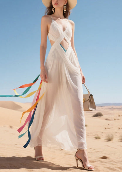 Beautiful White Sheer Hollow Out Tulle Beach Dress Summer