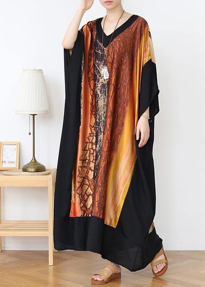 Loose Yellow Print Chiffon V Neck Over size Spring Dresses