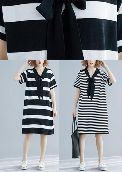 Beautiful Black White Narrow Striped Short Sleeve Summer Cotton Dress