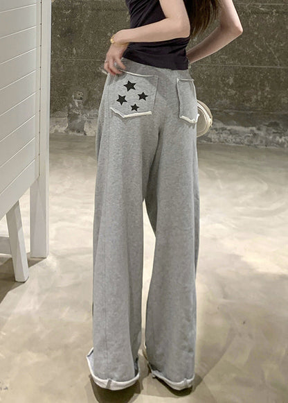 Casual Grey Print Pockets Elastic Waist Cotton Pants Summer