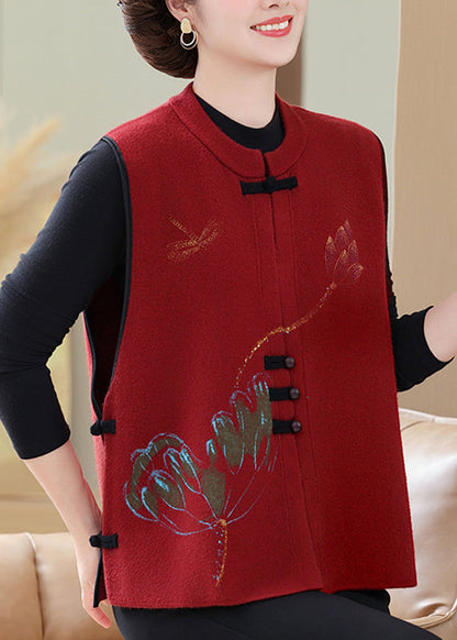 Vintage Red Embroidered Floral Knit Waistcoat Sleeveless