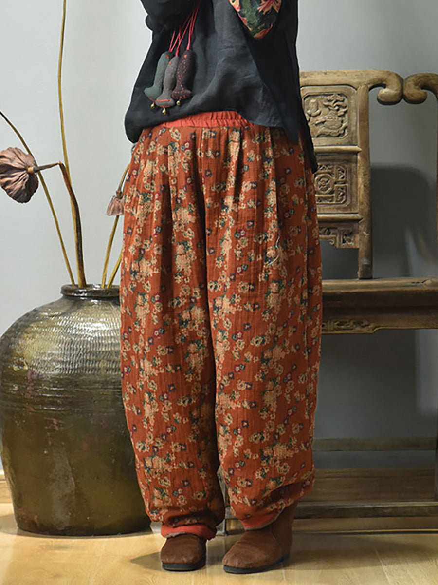 Winter Retro Warm Floral Print Cotton Pants