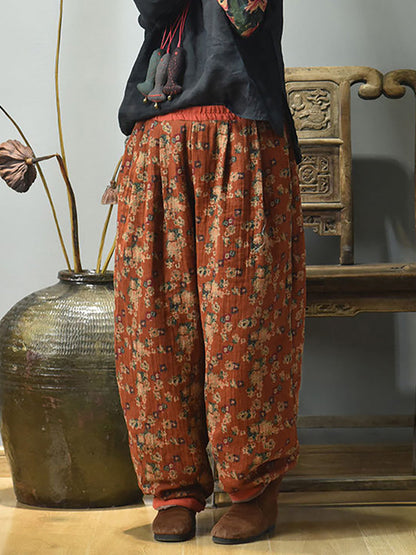 Winter Retro Warm Floral Print Cotton Pants