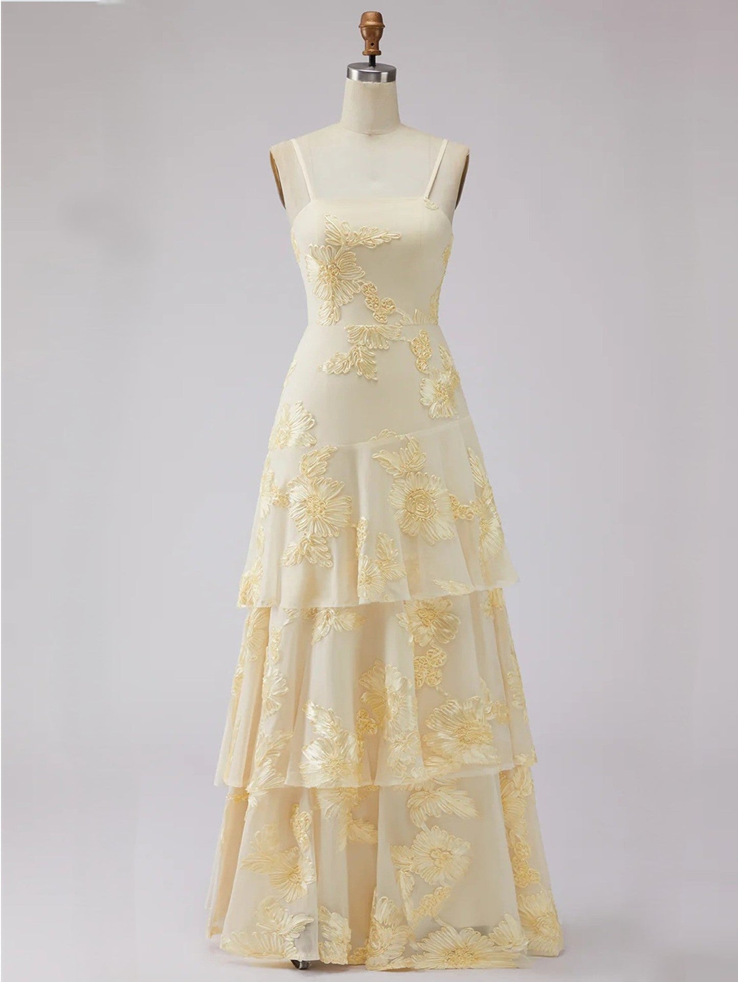 A Line  Tiered Prom Dresses Ruffled Spaghetti Straps Floral Wedding Guest Dresses Floor-length With Flower Embroidery