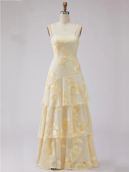 A Line  Tiered Prom Dresses Ruffled Spaghetti Straps Floral Wedding Guest Dresses Floor-length With Flower Embroidery