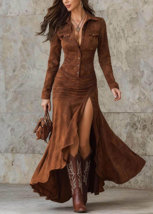 Boho Caramel Peter Pan Collar Patchwork Side Open Velour Maxi Dress Spring