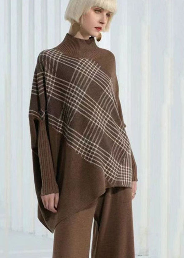 Coffee Green Warm Plaid Knitted Tops Asymmetrical Design Batwing Sleeve
