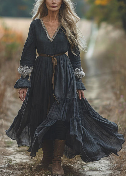 Casual Black V Neck Lace Patchwork Cotton Dresses Spring