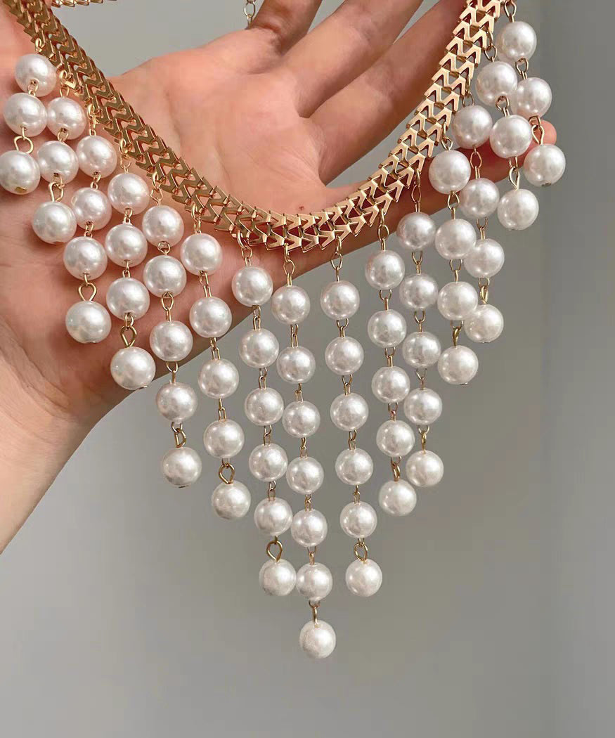 Elegant White Alloy Chain Grapes Pearl Tassel Pendant Necklace