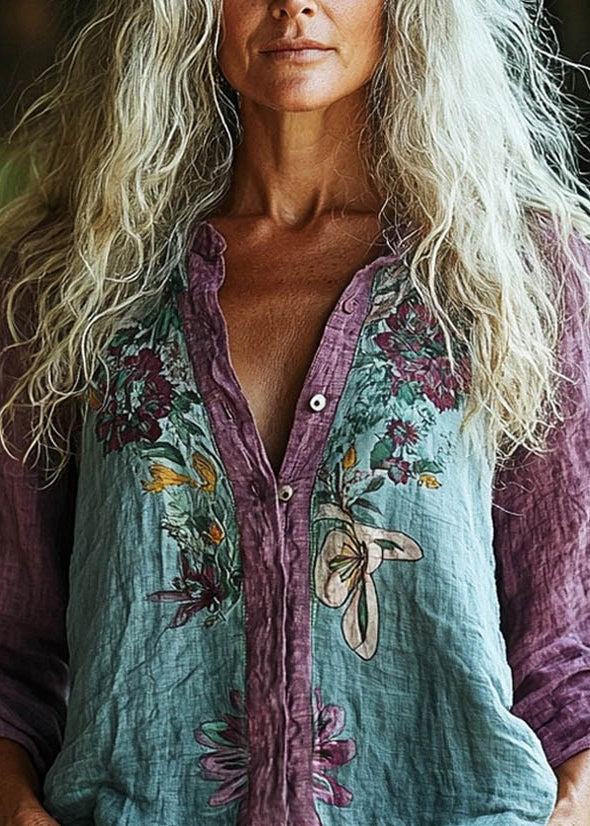 Loose Purple O-Neck Print Button Shirt Spring