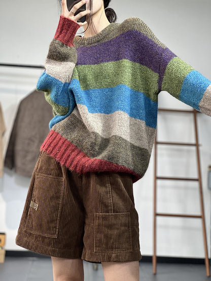 Rainbow Striped Knit Insulated Crewneck Sweater