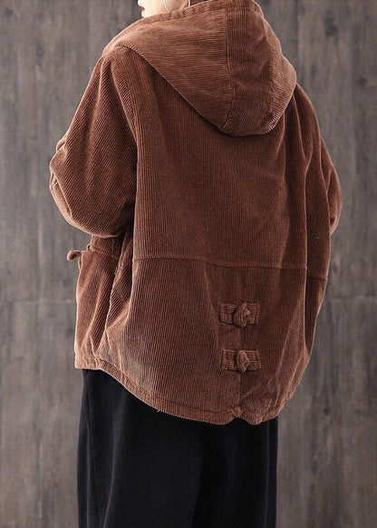 Coffee Thick Fine Cotton Filled Corduroy Hooded Coat Winter