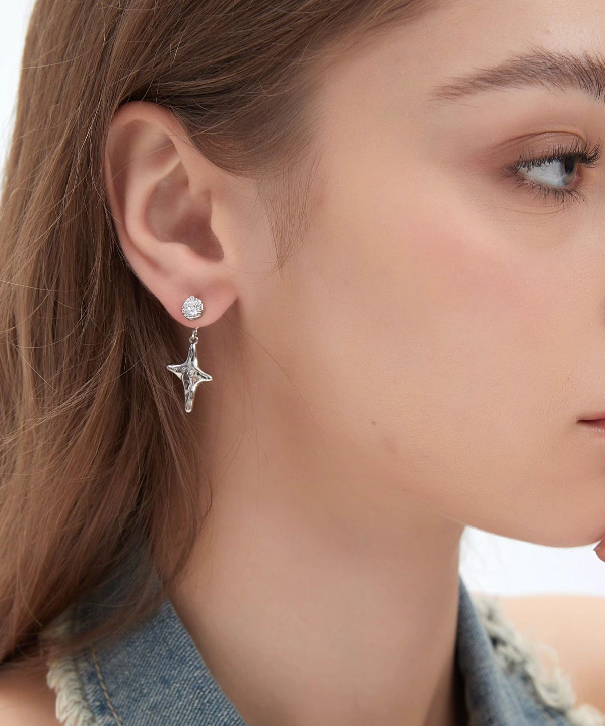 Fine Silk Copper Overgild Zircon Eight-Pointed Star Drop Earrings