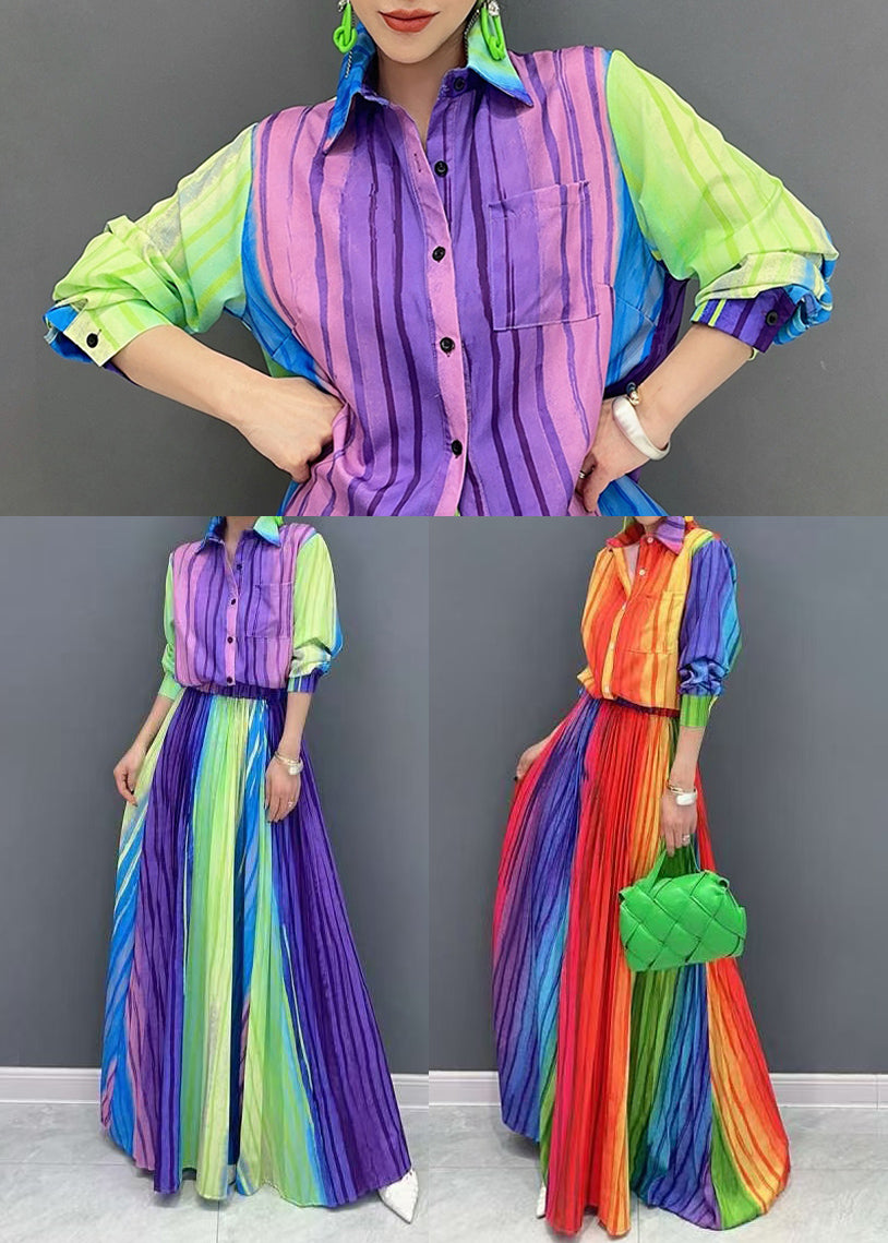Gradient Color Striped Cotton Women Pleated Sets 2 Pieces Fall