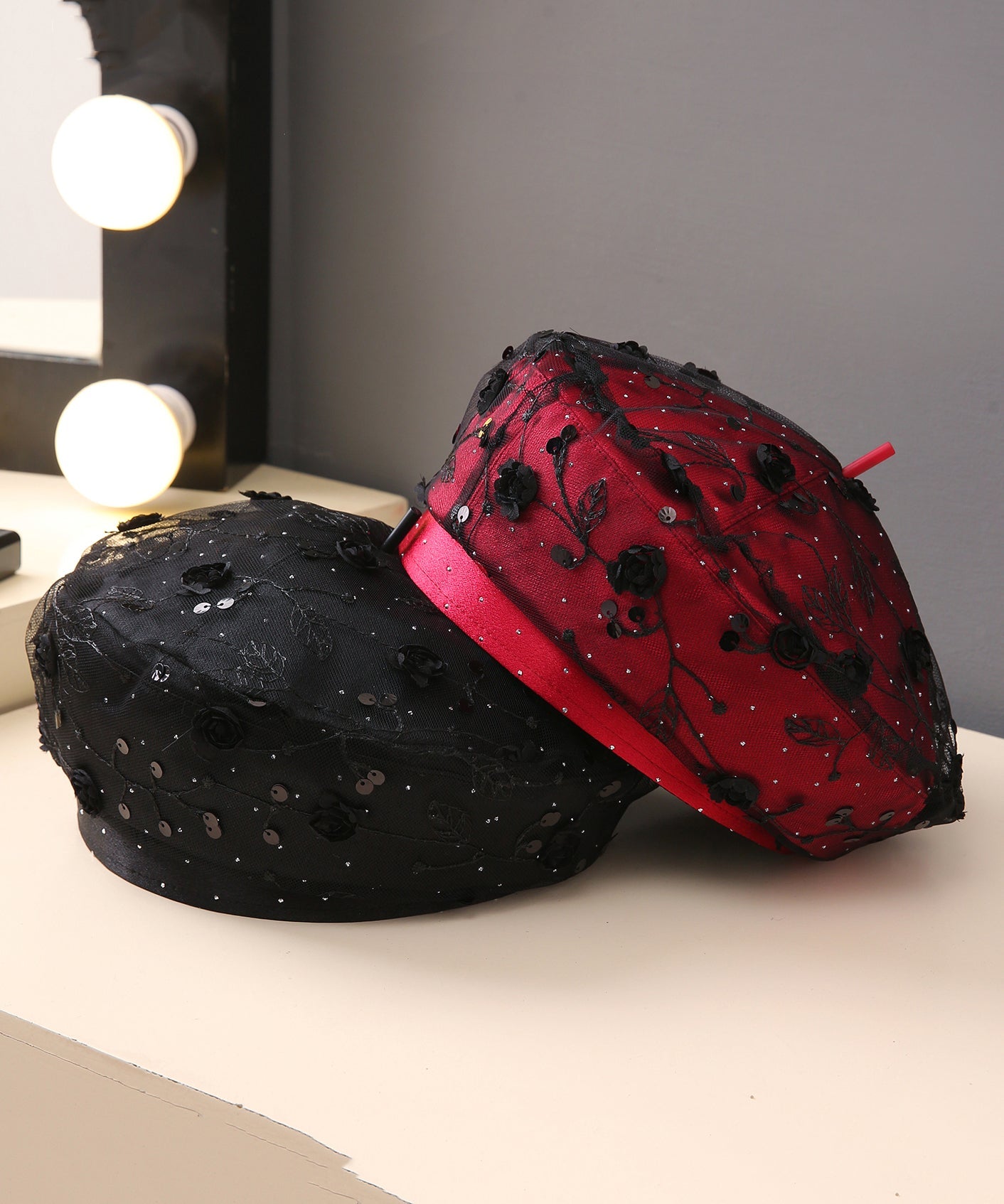 Chic Red Sequins Floral Lace Beret Hat
