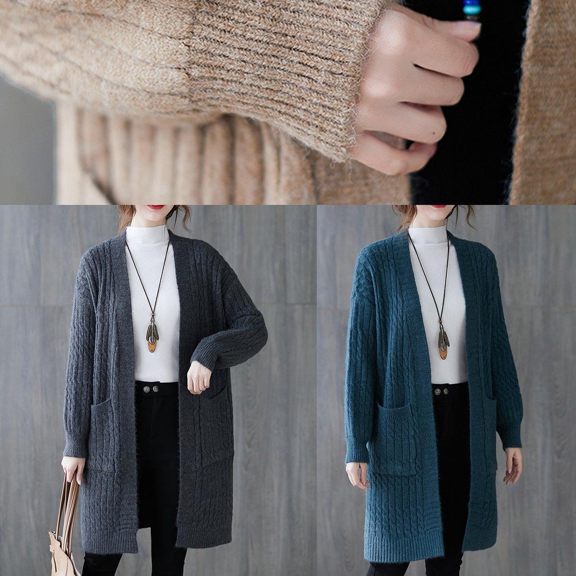 Vintage knit sweat tops trendy plus size khaki pockets baggy coats