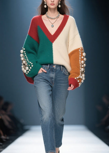 Chic Colorblock V Neck Nail Bead Patchwork Knit Sweater Fall