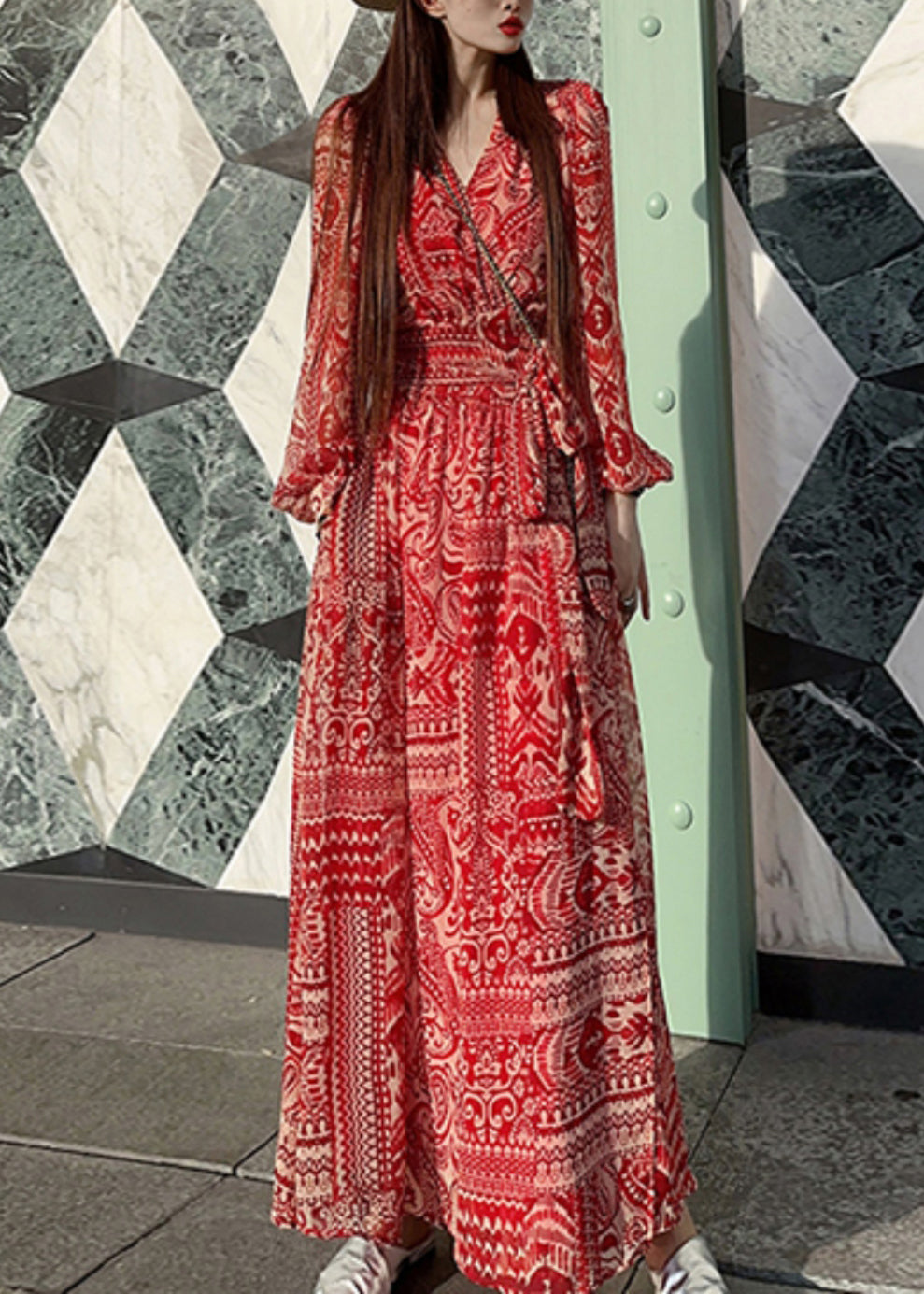 Bohemian Red Print Tie Waist Vacation Long Dresses Spring