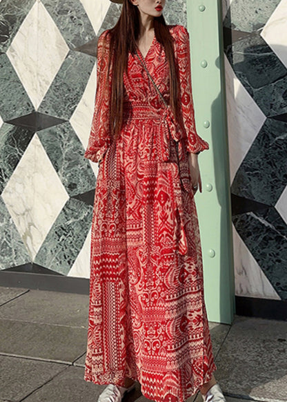 Bohemian Red Print Tie Waist Vacation Long Dresses Spring