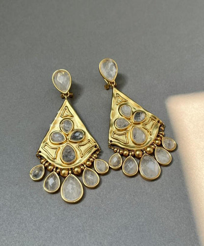 Bohemian Gold Copper Overgild Crystal Fan-Shaped Water Drop Tassel Drop Earrings