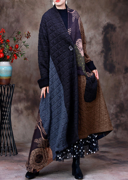 Retro Coffee Patchwork Black Colour V Neck Asymmetrical Button Pockets Print Cotton Thick Maxi Coat Long Sleeve