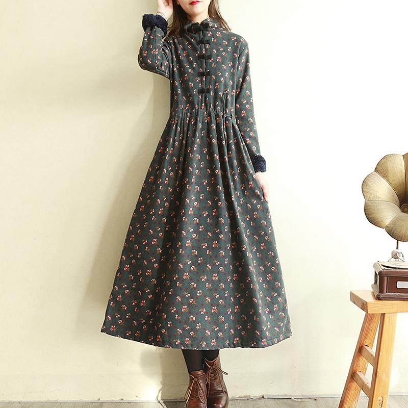 Autumn Winter Retro Floral Plush Thicken Dress