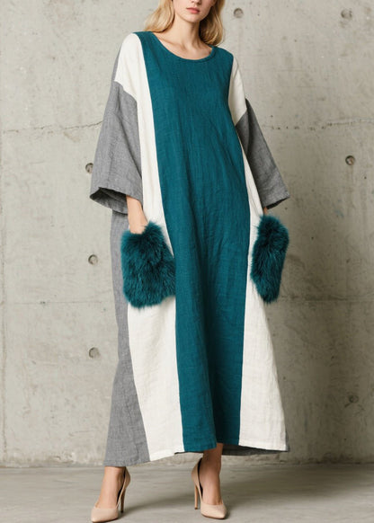 Boho Colorblock O Neck Fuzzy Fur Patchwork Cotton Dress Fall