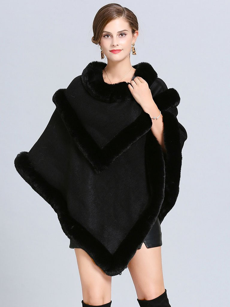 Women Coat Cape Peacoat Faux Fur Collar Poncho