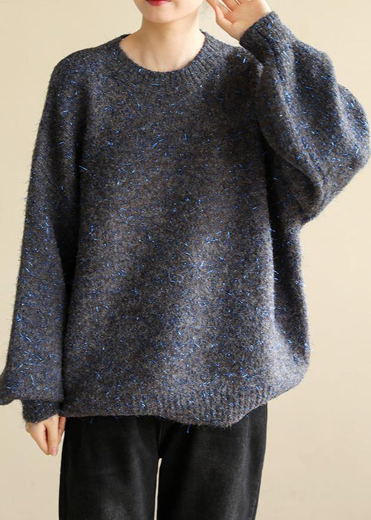 Fashion dark black gray knit tops long sleeve casual o neck knitwear
