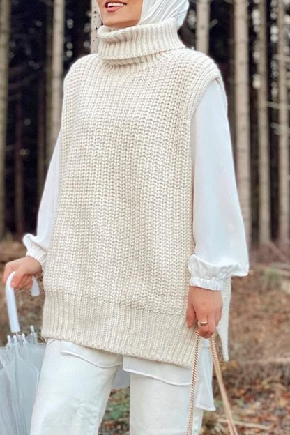 Turndown Collar Sleeveless Casual Sweater
