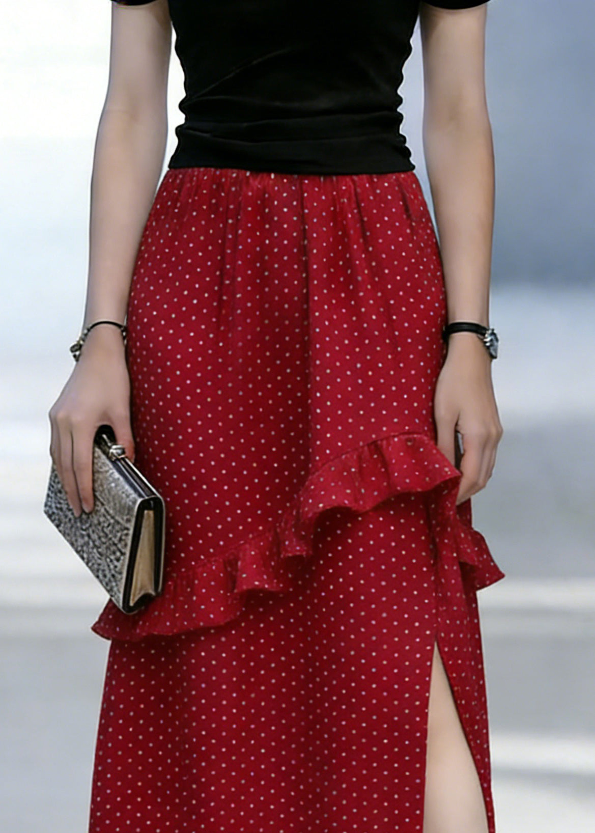 Casual Red Dot Print Ruffled Side Open Chiffon Skirt