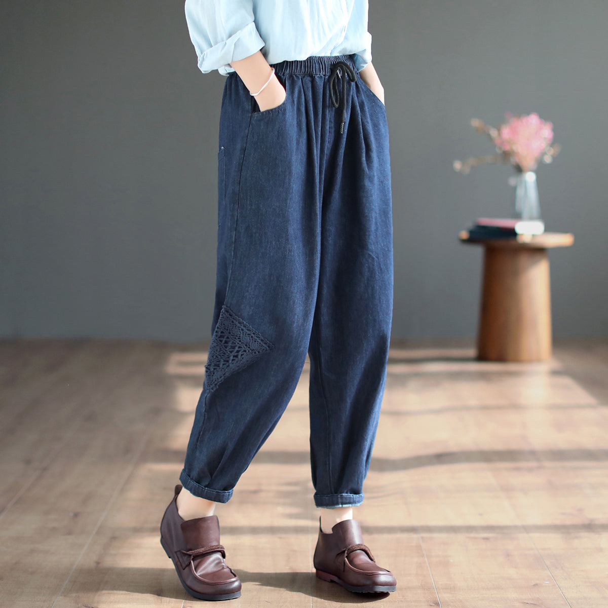 Women Autumn Solid Retro Cotton Jeans