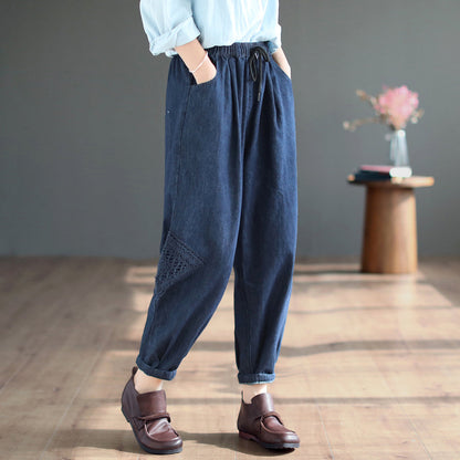 Women Autumn Solid Retro Cotton Jeans