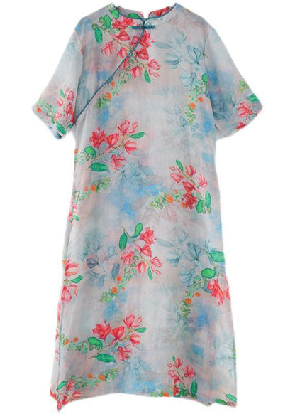 Casual Blue Print Oriental Dresses Summer Ramie