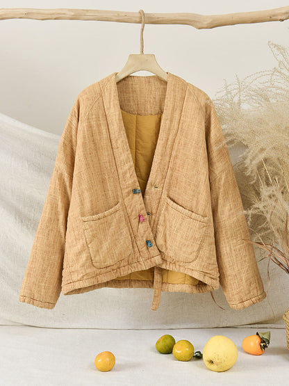 Women Winter Artsy Worn Solid Button Pocket Linen Coat