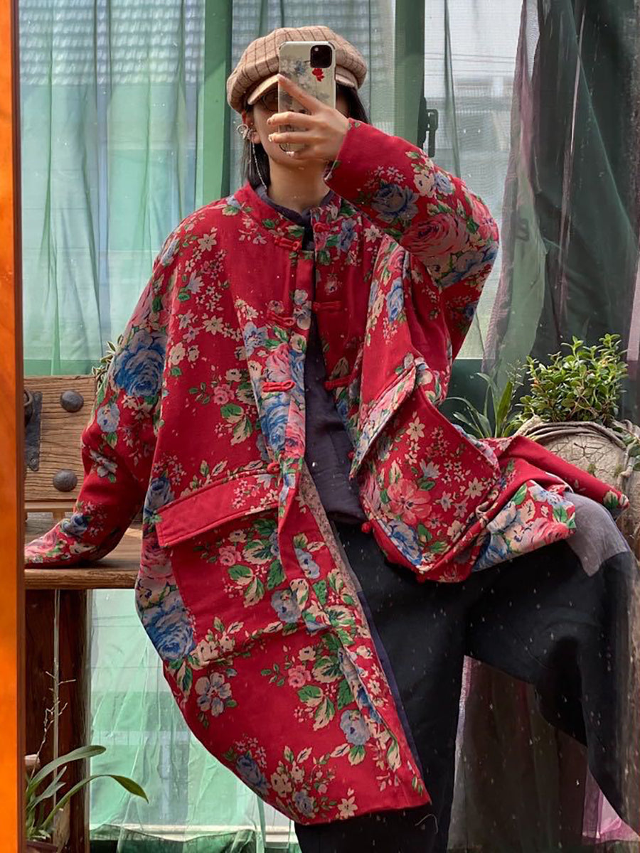 Oversize Women Pockets Print Cotton Coat