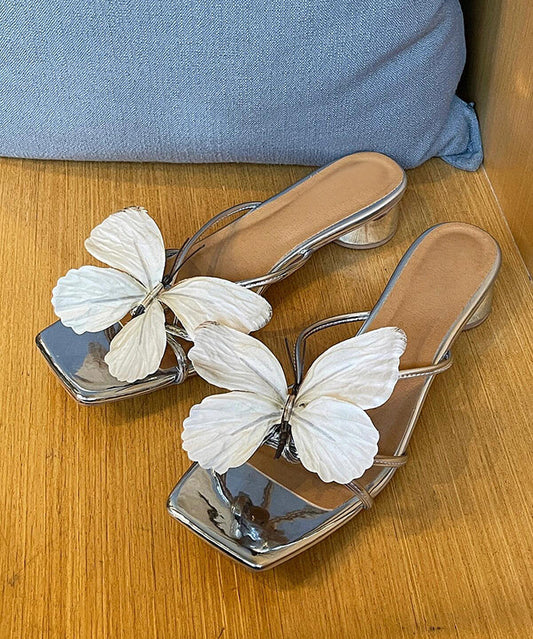 Stylish Butterfly Splicing Chunky Blue Faux Leather Slide Sandals