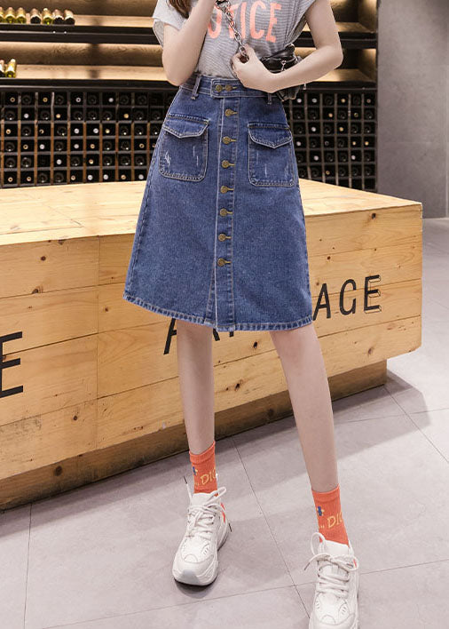 Simple Blue Pocket Button Cotton Denim Wraped Skirt Cozy