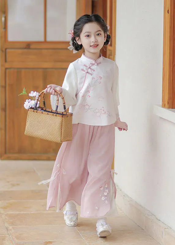 Chinese Style Pink Stand Collar Print Girls Shirts And Maxi Skirts Two Pieces Set Spring