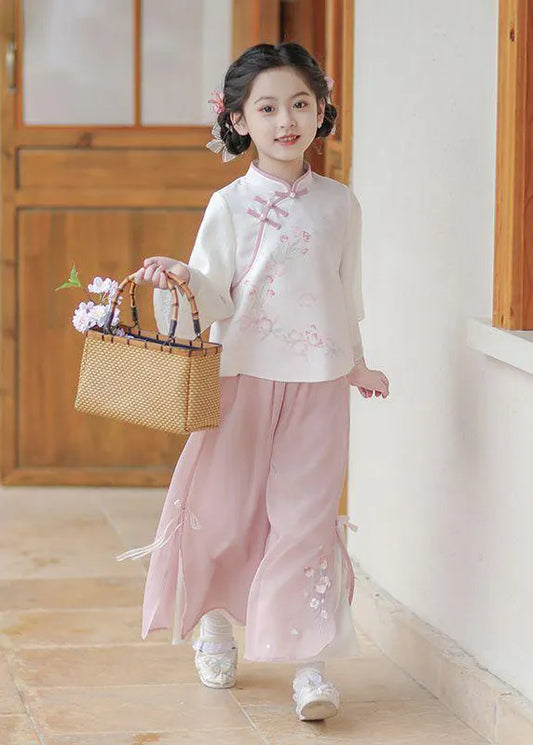 Chinese Style Pink Stand Collar Print Girls Shirts And Maxi Skirts Two Pieces Set Spring