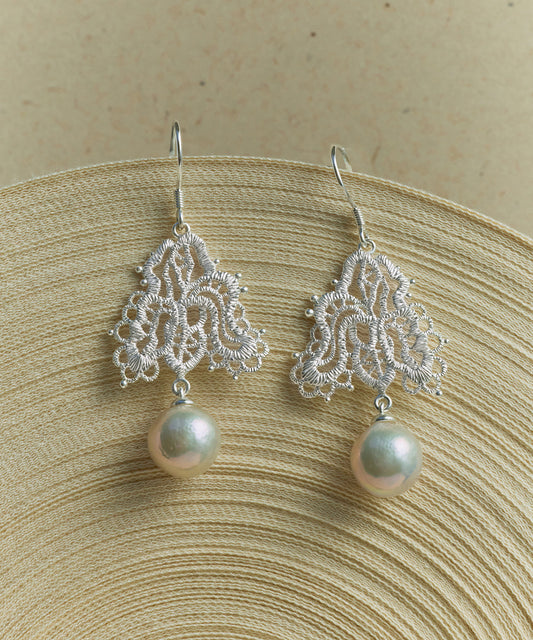 DIY White Sterling Silver Lace Pearl Drop Earrings