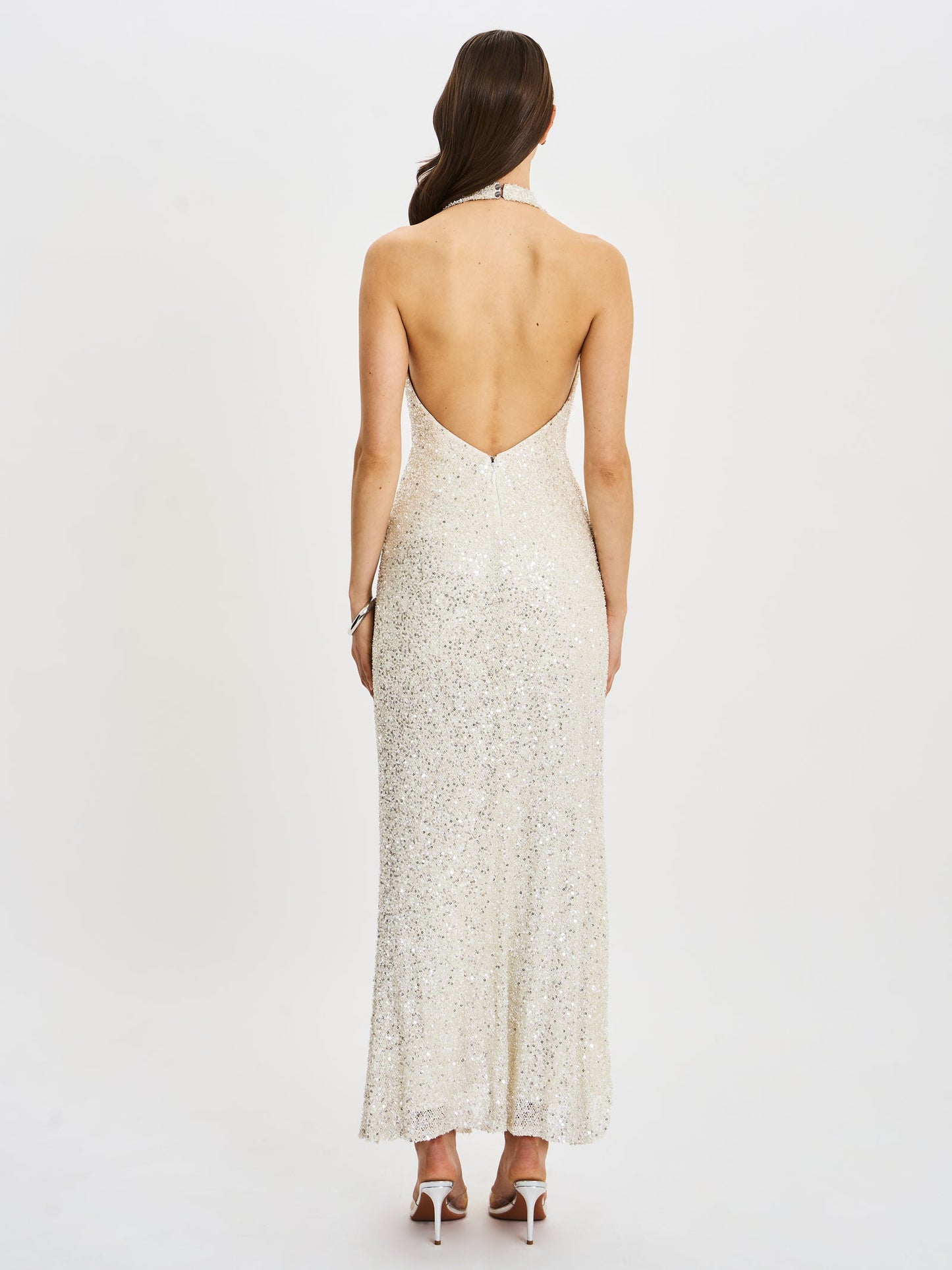 Sexy Halter Low-Cut Cinched High Slit Sequin Dress