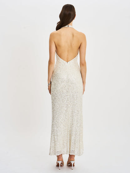Sexy Halter Low-Cut Cinched High Slit Sequin Dress