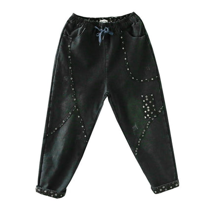 Autumn Winter Retro Floral Plush Resilient Cotton Jeans