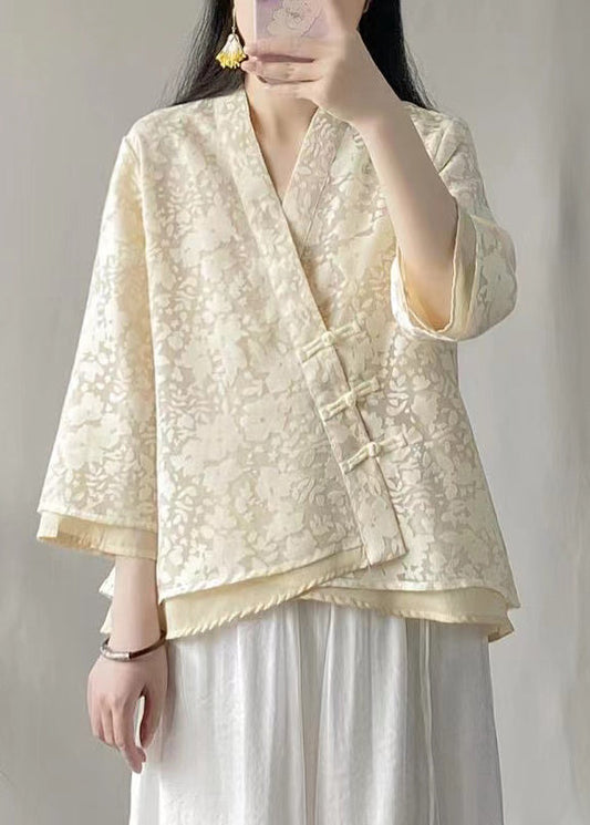Vintage Beige Jacquard Lace Oriental Top Spring