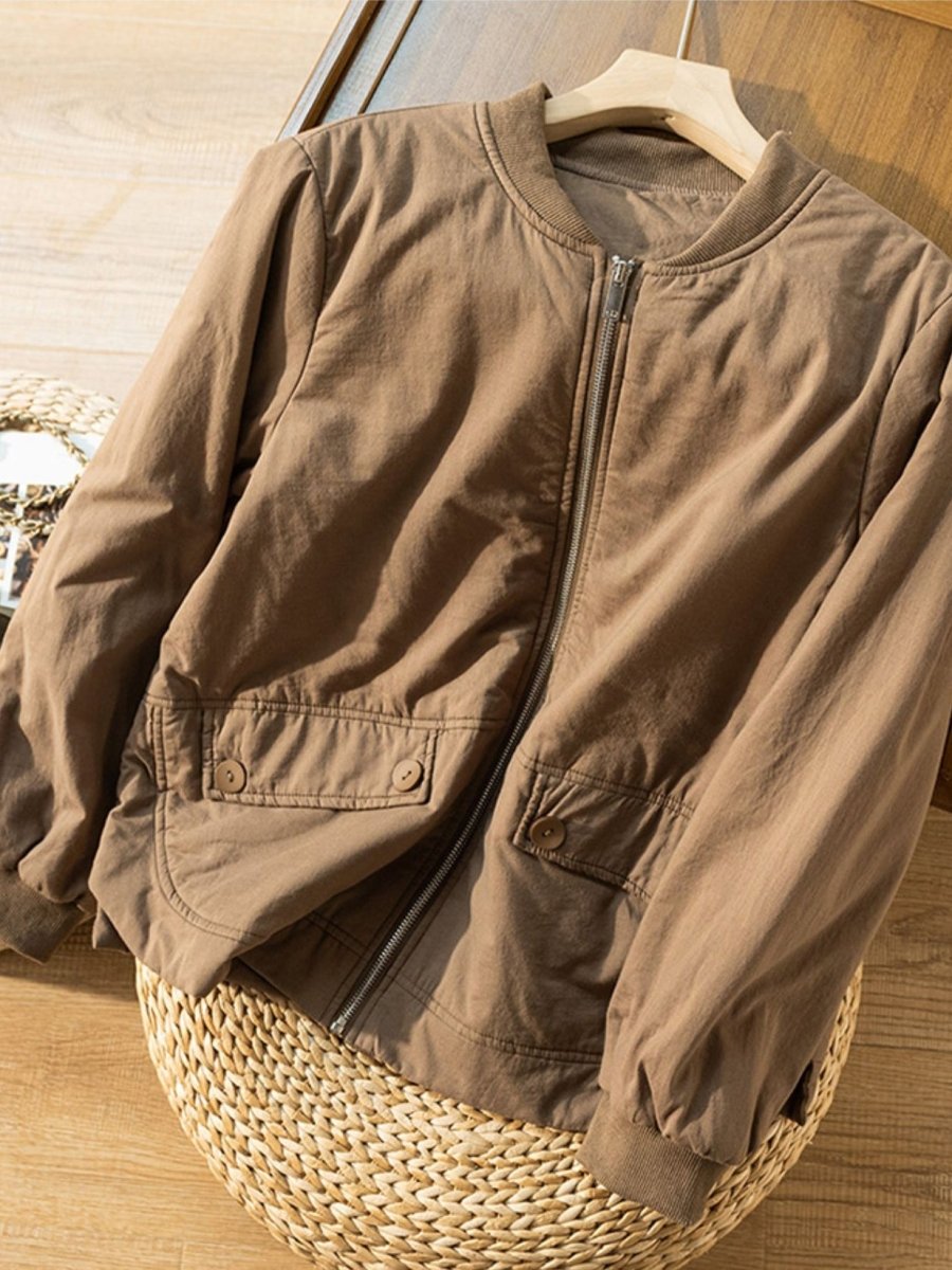 100% Natural Fabric Solid Zipper Round Neck Long Sleeve Coat